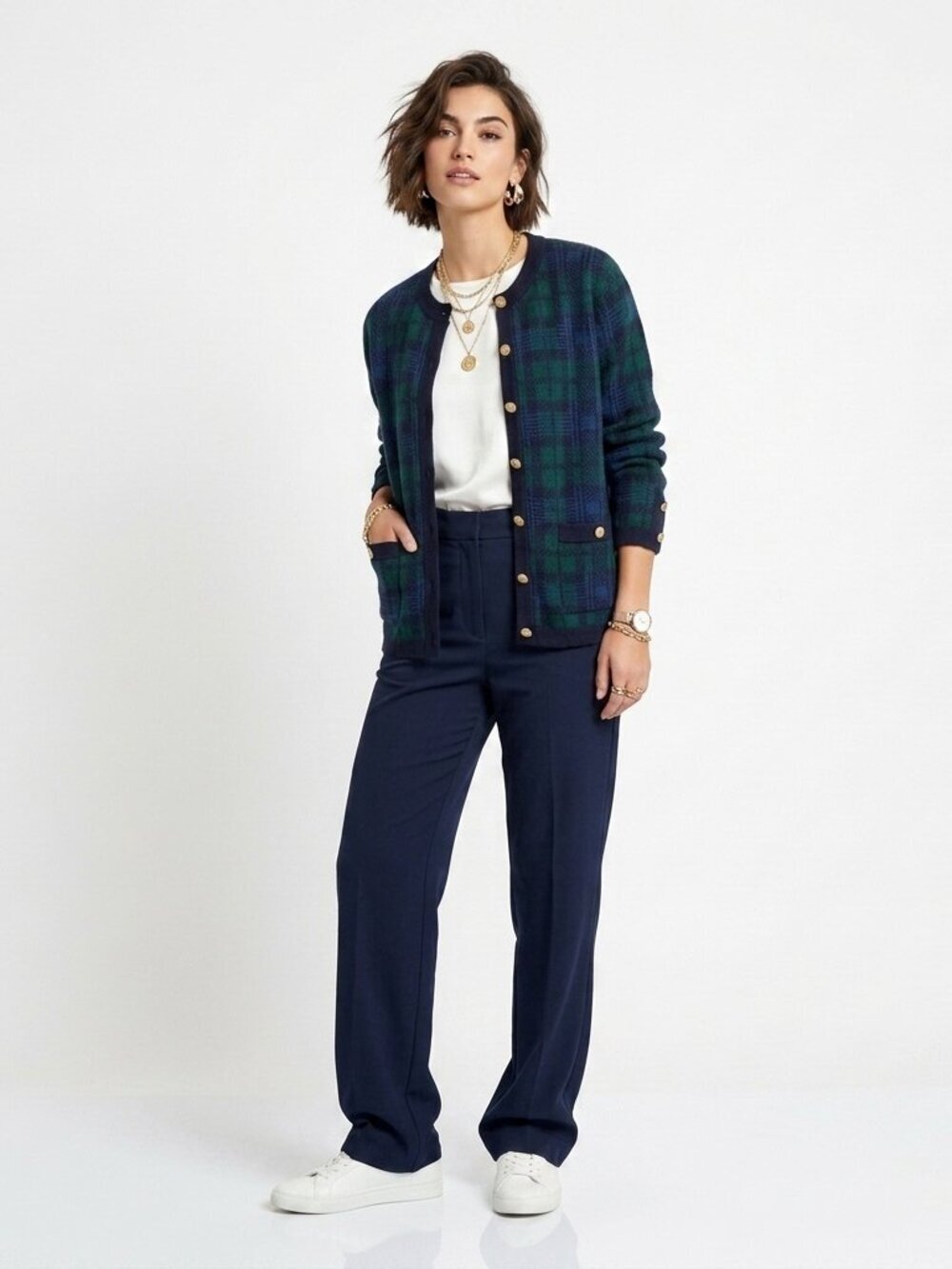 VINTAGE 80s Talbots Tartan Plaid Blue Green Cardigan Sweater Medium - Picture 2 of 14